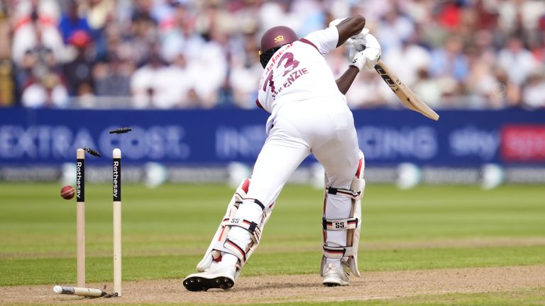 England v West Indies - Rothesay Men's Test Match Third Test Day One - Edgbaston
West Indies' Kirk McKenzie is dismissed by England's Mark Wood during day one of the Third Rothesay Test match at Edgbaston, Birmingham. Picture date: Friday July 26, 2024.