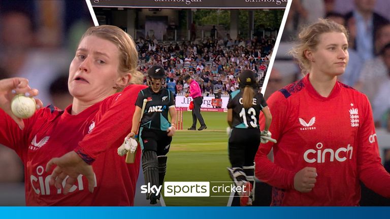 England's Charlie Dean claims a spectacular two wickets in three balls in her side's T20 clash against New Zealand. 