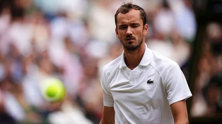 Daniil Medvedev reacts during his match against Carlos Alcaraz (not pictured) on day twelve of the 2024 Wimbledon Championships at the All England Lawn Tennis and Croquet Club, London. Picture date: Friday July 12, 2024.