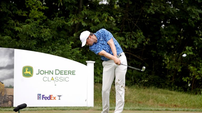 SILVIS, IL - JULY 07: PGA golfer Davis Thompson plays his tee shot on the 16th hole during the John Deere Classic on July 7,2024, at the TPC Deere Run in Silvis, Illinois. 
