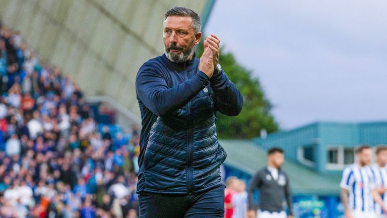 KILMARNOCK, SCOTLAND - JULY 25: Kilmarnock manager Derek McInnes at full time during a UEFA Europa League Second Qualifying Round first-leg match between Kilmarnock and Cercle Brugge at Rugby Park, on July 25, 2024, in Kilmarnock, Scotland. (Photo by Ewan Bootman / SNS Group)