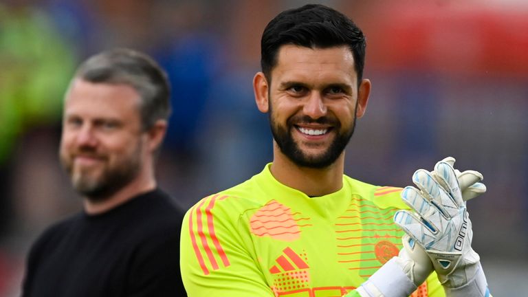 DUMFRIES, SCOTLAND - JULY 13: Aberdeen's Dimitar Mitov at full time during a Premier Sports Cup group stage match between Queen of the South and Aberdeen at Palmerston Park, on July 13, 2024, in Dumfries, Scotland. (Photo by Rob Casey / SNS Group)