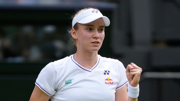 Elena Rybakina of Kazakhstan reacts after defeating Elina Svitolina of Ukraine in their quarterfinal match at the Wimbledon tennis championships in London, Wednesday, July 10, 2024. (AP Photo/Kirsty Wigglesworth)