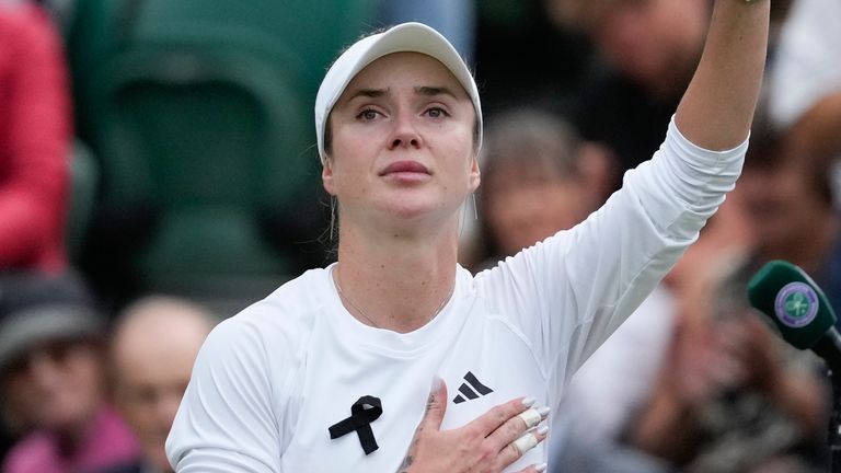 Elina Svitolina of Ukraine waves after defeating Xinyu Wang of China in their fourth round match at the Wimbledon tennis championships in London, Monday, July 8, 2024. (AP Photo/Mosa'ab Elshamy)