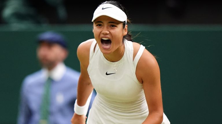 Emma Raducanu reacts during her match against Maria Sakkari on day five of the 2024 Wimbledon Championships at the All England Lawn Tennis and Croquet Club, London. Picture date: Friday July 5, 2024.