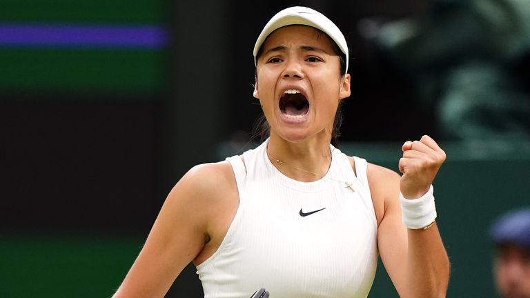 Emma Raducanu reacts during her match against Maria Sakkari on day five of the 2024 Wimbledon Championships at the All England Lawn Tennis and Croquet Club, London. Picture date: Friday July 5, 2024.