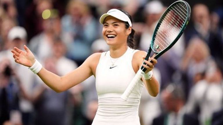 Emma Raducanu celebrates beating Maria Sakkari (not pictured) on day five of the 2024 Wimbledon Championships at the All England Lawn Tennis and Croquet Club, London. Picture date: Friday July 5, 2024.