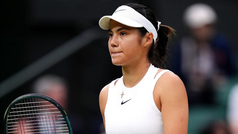 Emma Raducanu reacts during her match against Lulu Sun (not pictured) on day seven of the 2024 Wimbledon Championships at the All England Lawn Tennis and Croquet Club, London. Picture date: Sunday July 7, 2024.