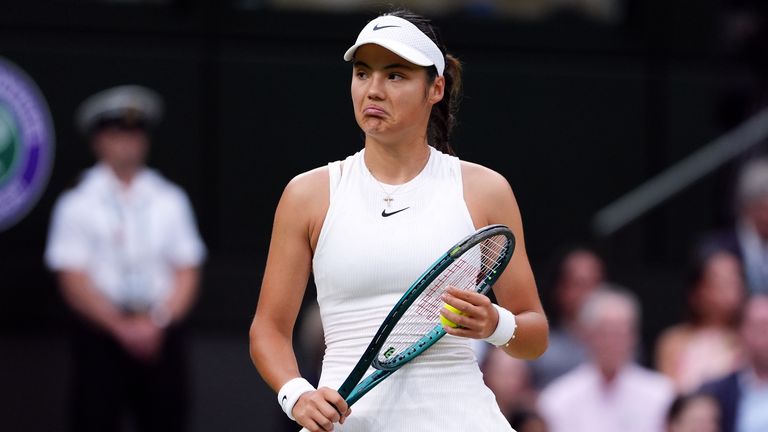 Emma Raducanu reacts during her match against Lulu Sun (not pictured) on day seven of the 2024 Wimbledon Championships at the All England Lawn Tennis and Croquet Club, London. Picture date: Sunday July 7, 2024.