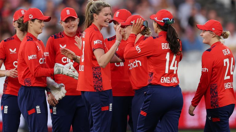 Lauren Bell is congratulated on her second wicket in the fifth T20I against New Zealand at Lord's