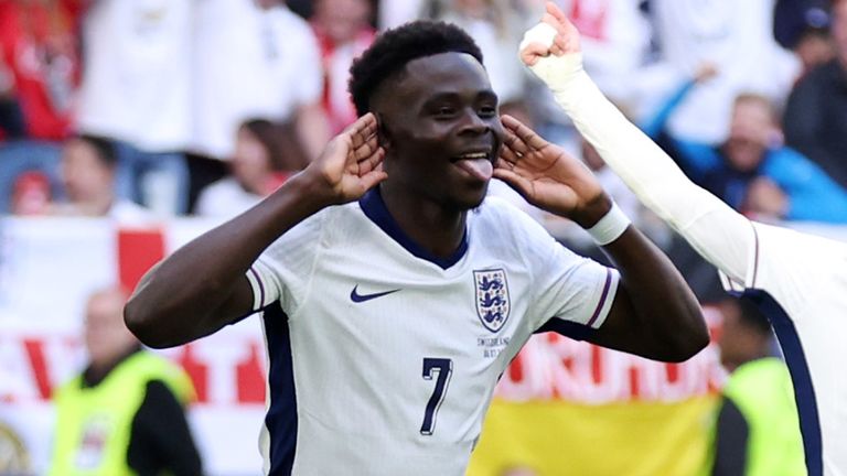 Bukayo Saka celebrates after equalising for England against Switzerland