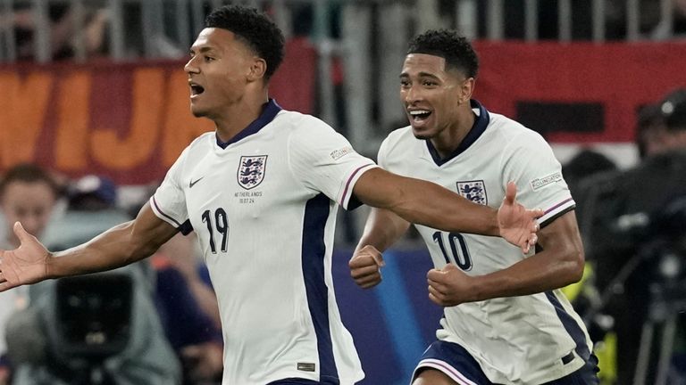 Ollie Watkins and Jude Bellingham celebrate the Aston Villa striker's late winner against the Netherlands