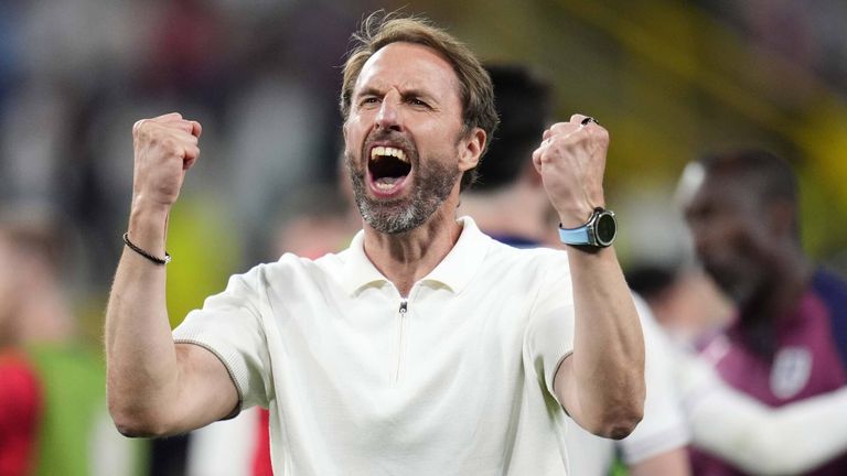 Gareth Southgate celebrates England's victory at the final whistle