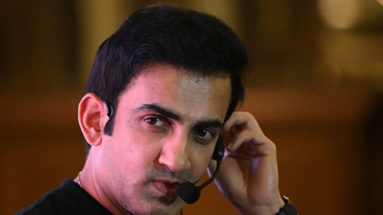 Gautam Gambhir, former Indian cricket player and front-runner for team India's head coach,  gestures during an event in Kolkata on June 22, 2024. Gambhir is in pole position to become India's next head coach after media reports said on June 18 that he was the only applicant for the high-profile post. (Photo by DIBYANGSHU SARKAR / AFP)