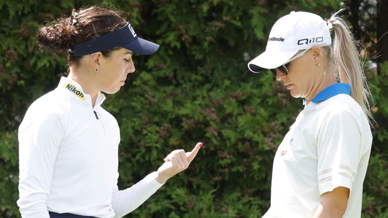 MIDLAND, MI - JUNE 29: LPGA player Georgia Hall talks to Charley Hull on the 6th hole during the third round of the LPGA Dow Championship on June 29, 2024, at Midland Country Club in Midland, Michigan. (Photo by Brian Spurlock/Icon Sportswire) (Icon Sportswire via AP Images)