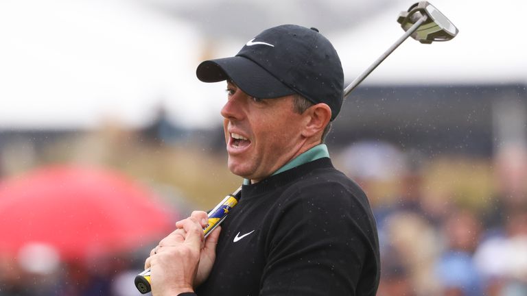 Rory McIlroy reacts after missing a birdie putt on the fourth green during his opening round of the British Open Golf Championships at Royal Troon