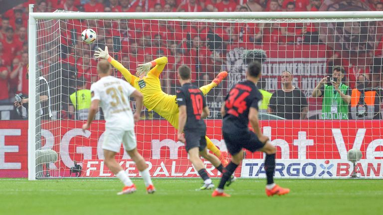 DFB-Pokal, Season 2023/2024, Final 1.FC Kaiserslautern - Bayer 04 Leverkusen Granit Xhaka scores the goal to make it 1-0 versus goalkeeper Julian Krahl