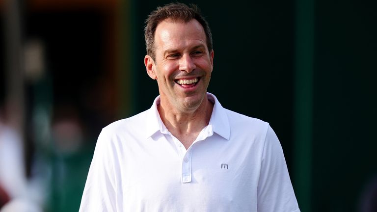 Greg Rusedski in action in their mixed invitational doubles match against Richard Krajicek and Conchita Martinez (not pictured) on day eleven of the 2024 Wimbledon Championships at the All England Lawn Tennis and Croquet Club, London. Picture date: Thursday July 11, 2024.