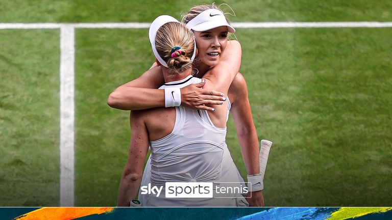 Katie Boulter (right) and Harriet Dart embrace at the net after their match on day four of Wimbledon
