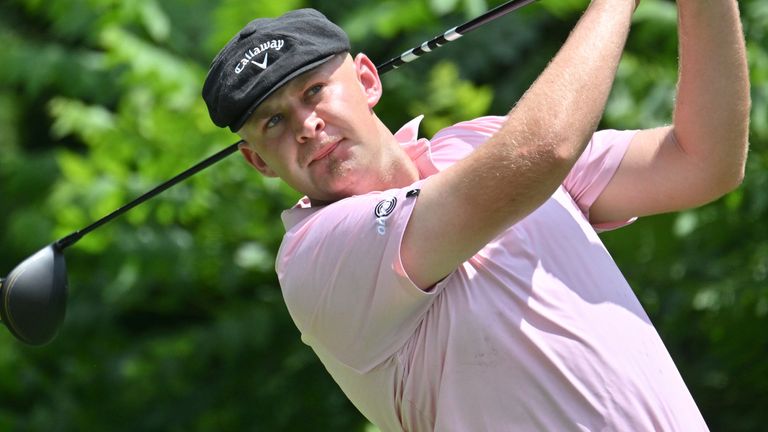 SILVIS, IL – JULY 6: Golfer Harry Hall tees off on the No. 2 hole during the third round of the John Deere Golf PGA Classic on July 6, 2024 at TPC Deere Run, Silvis, IL. (Photo by Keith Gillett/Icon Sportswire) (Icon Sportswire via AP Images)