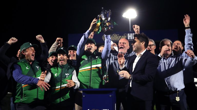 Ireland manager Kevin Blake celebrates winning the 2023 Racing League