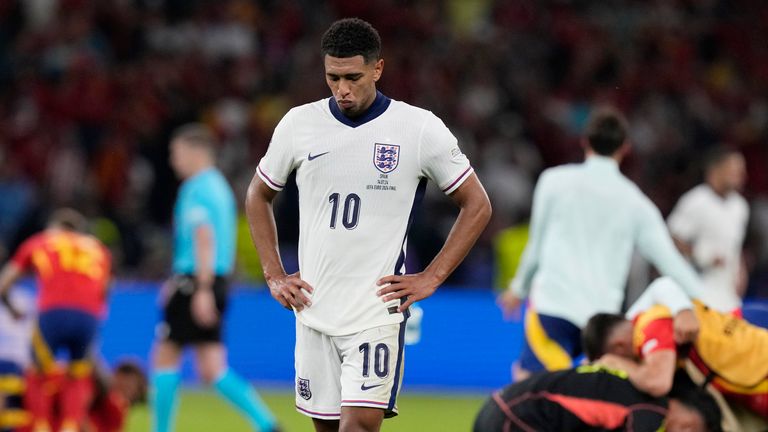 England's Jude Bellingham reacts at the end of the final match between Spain and England at the Euro 2024 soccer tournament in Berlin, Germany, Sunday, July 14, 2024. Spain won 2-1. (AP Photo/Frank Augstein)