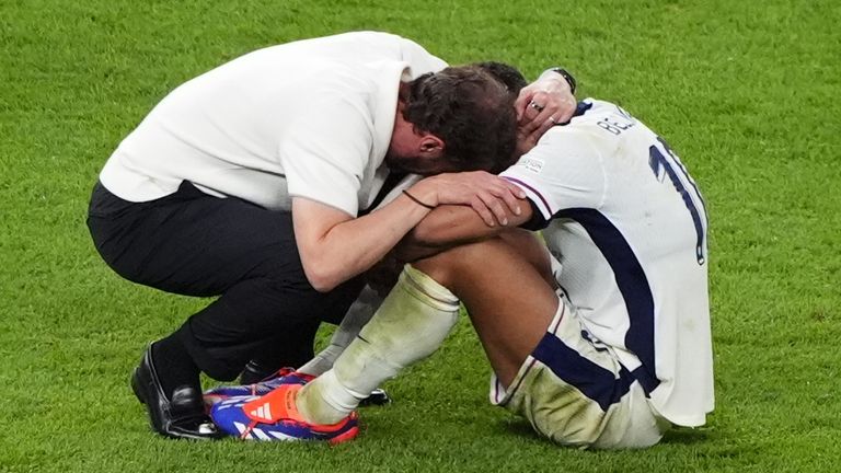 England manager Gareth Southgate commiserates with Jude Bellingham following defeat in the UEFA Euro 2024 final match at the Olympiastadion, Berlin. Picture date: Sunday July 14, 2024.