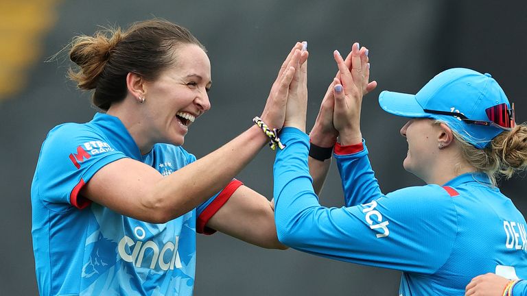 Kate Cross and Charlie Dean celebrate a wicket during the second ODI between England and New Zealand in Worcester