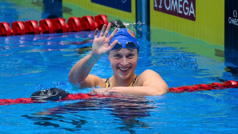 INDIANAPOLIS, IN - JUNE 15: Katie Ledecky wins the women's 400m freestyle during the USA Olympic Swimming Team Trials on June 15, 2024 at Lucas Oil Stadium in Indianapolis, IN. (Photo by Zach Bolinger/Icon Sportswire) (Icon Sportswire via AP Images)