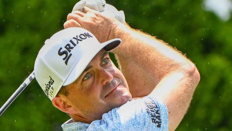 CROMWELL, CONNECTICUT - JUNE 21: Keegan Bradley (USA) during the second round of the Travelers Championship at TPC River Highlands on June 21, 2024 in Cromwell, Connecticut , watching his tee shot on the 9th hole.  (Photo by Ken Murray/Icon Sportswire) (Icon Sportswire via AP Photo)