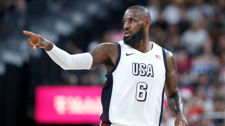 United States forward LeBron James (6) celebrates after scoring a basket against Canada during the second half of an exhibition basketball game Wednesday, July 10, 2024, in Las Vegas. (AP Photo/Steve Marcus)