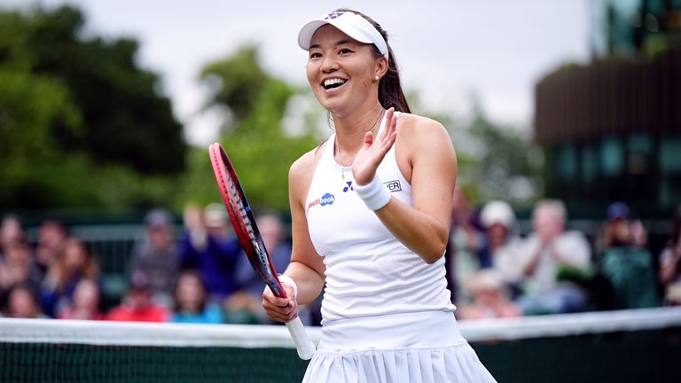 Yurika Lily Miyazaki celebrates defeating Tamara Korpach (not pictured) on day one of the 2024 Wimbledon Championships at the All England Lawn Tennis and Croquet Club in London.  Date taken: Monday, July 1, 2024.