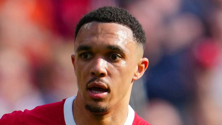 Liverpool's Trent Alexander-Arnold during the English Premier League soccer match between Liverpool and Tottenham Hotspur at Anfield Stadium in Liverpool, England, Sunday, May 5, 2024. (AP Photo/Jon Super)