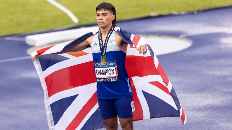 Louie Hinchliffe is winning the Men's 100m during the Microplus UK Athletics Championships at the Manchester Regional Arena in Manchester, England, on June 29, 2024. (Photo by Pat Scaasi | MI News) (Photo by MI News/NurPhoto)