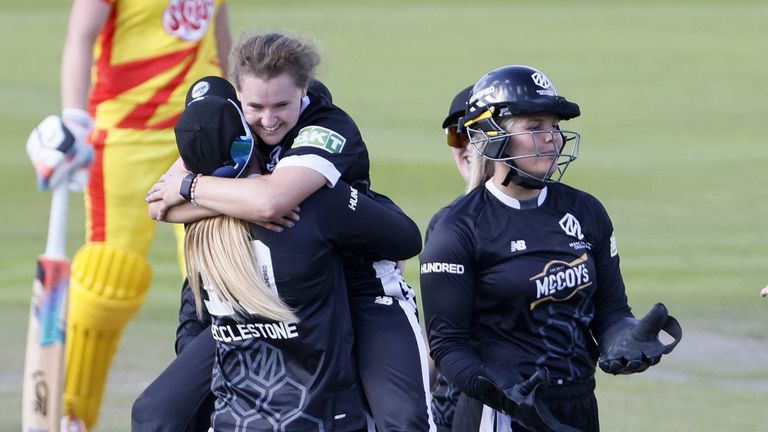 Manchester Orgels players celebrate the 100th women's match in the Emirates Old Trafford, Manchester. Photo date: Monday, July 29, 2024.