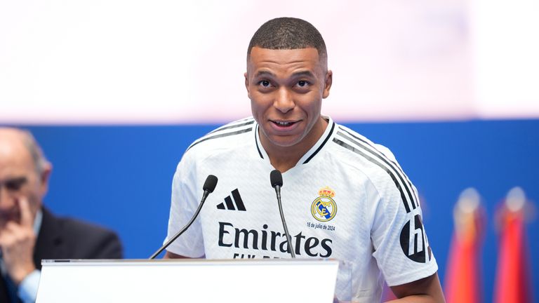 Kylian Mbappe attends during his presentation 