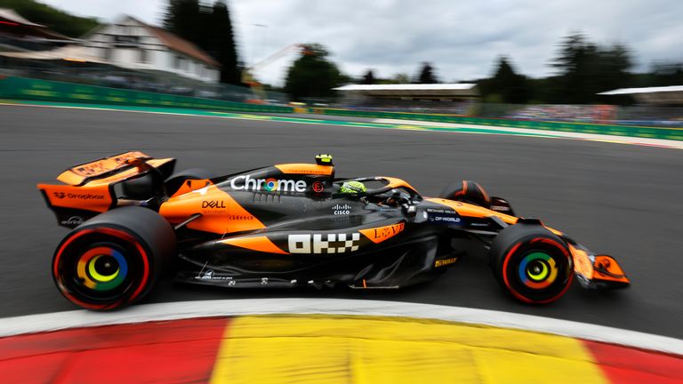 McLaren driver Lando Norris of Britain steers his car during the second practice session ahead of the Formula One Grand Prix at the Spa-Francorchamps racetrack in Spa, Belgium, Friday, July 26, 2024. The Belgian Formula One Grand Prix will take place on Sunday. (AP Photo/Geert Vanden Wijngaert)