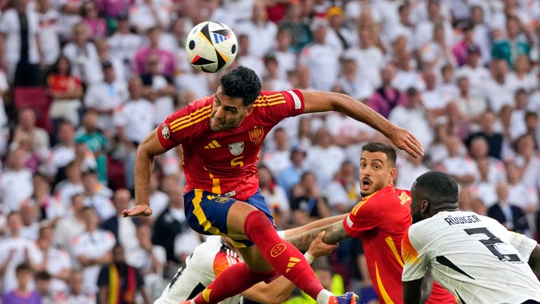 Spain's Mikel Merino (6) scores his side's second goal during a quarter final match between Germany and Spain at the Euro 2024 soccer tournament in Stuttgart, Germany, Friday, July 5, 2024. (AP Photo/Antonio Calanni)