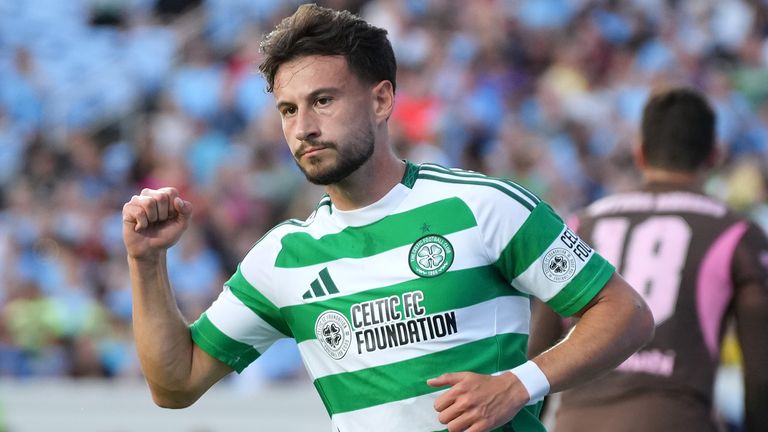 Celtic's Nicolas Kuhn celebrates scoring against Man City.