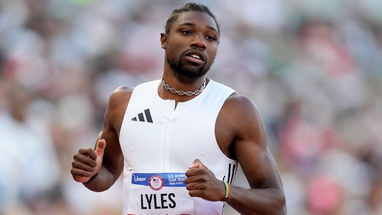 Noah Lyles wins a heat in the men's 200-meter run during the U.S. Track and Field Olympic Team Trials Thursday, June 27, 2024, in Eugene, Ore. (AP Photo/Charlie Neibergall)