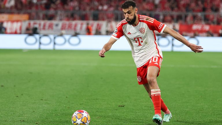 Champions League, Bayern Munich v Real Madrid, knockout round, semi-final, first leg, Allianz Arena. Noussair Mazraoui of FC Bayern Munich plays the ball.