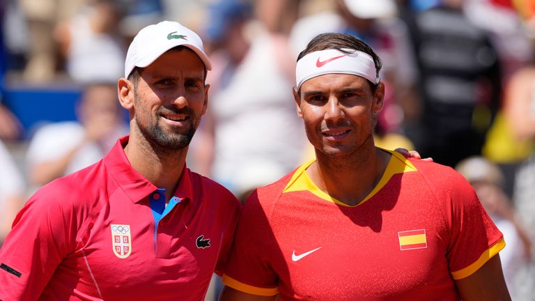 Spain's Rafael Nadal (right) and Serbia's Novak Djokovic pose before their men's second-round match at Roland Garros Stadium at the 2024 Summer Olympics on Monday, July 29, 2024, in Paris, France. (AP Photo/Andy Wong)