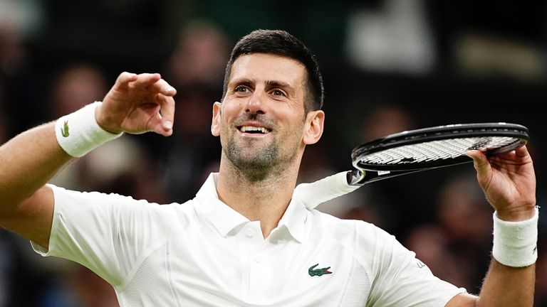 Novak Djokovic celebrates his third-round win over Alexei Popyrin at Wimbledon