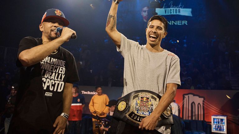 Victor Montalvo, also known as B-Boy Victor, from United States, right, wins the championship in the B-boy Red Bull BC One World Final at Hammerstein Ballroom, in New York in 2022