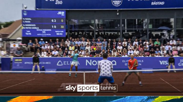 Rafael Nadal makes a 'mind-boggling point' after he powered down a sensational forehand at the Nordea Open.