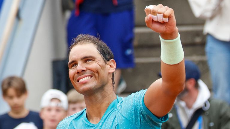 Rafael Nadal of Spain celebrates after defeating Leo Borg of Sweden in their men's singles match at the Nordea Open Tennis tournament in Bastad, Sweden, Tuesday July 16, 2024. (Adam Ihse/TT News Agency via AP)
