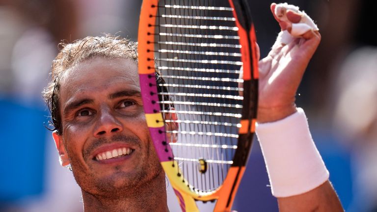 Rafael Nadal of Spain celebrates his victory against Marton Fucsovics of Hungary during the men's singles tennis competition at the 2024 Summer Olympics, Sunday, July 28, 2024, in Paris, France.  (AP Photo/Manu Fernandez) 