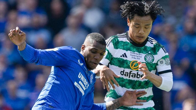 GLASGOW, SCOTLAND - MAY 25: Celtic's Reo Hatate and Rangers' Dujon Sterling in action during a Scottish Gas Scottish Cup final match between Celtic and Rangers at Hampden Park, on May 25, 2024, in Glasgow, Scotland. (Photo by Craig Williamson / SNS Group)