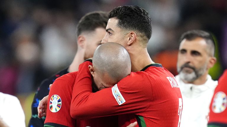 Cristiano Ronaldo consoles Pepe after Portugal's Euro 2024 defeat to France