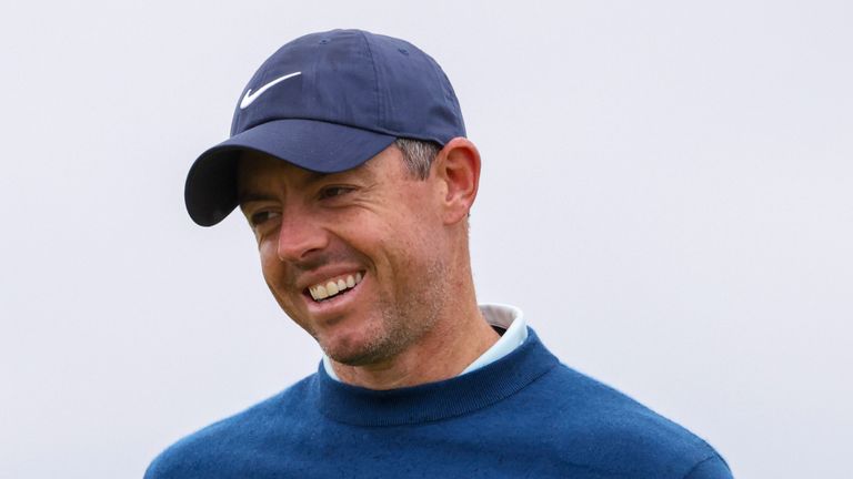 Rory McIlroy of Northern Ireland prepares to putt on the 13th green during a practice round ahead of the British Open Golf Championships at Royal Troon golf club in Troon, Scotland, Tuesday, July 16, 2024. (AP Photo/Peter Morrison)